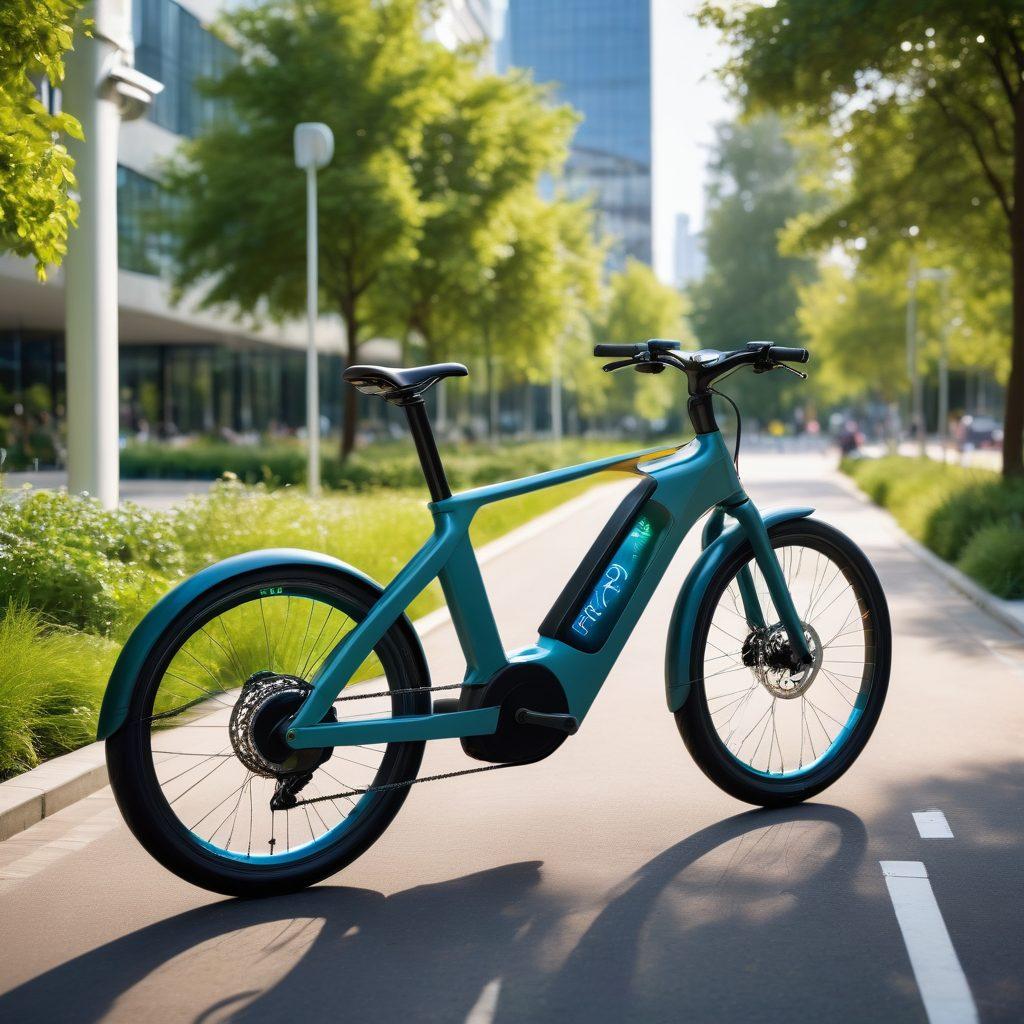 An electric bicycle with sleek design and futuristic features parked against a vibrant urban backdrop, showcasing green parks and buildings. Include cyclists effortlessly riding on dedicated bike lanes, surrounded by lush greenery and solar panels. Illustrate the concept of sustainability with symbols like recycling signs and clean energy sources. Bright, inviting colors to evoke a sense of innovation and progress. super-realistic. vibrant colors. 3D.