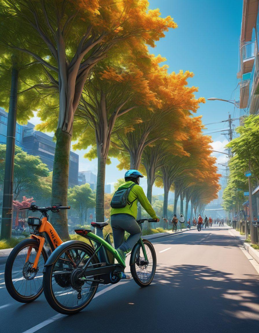 A futuristic cityscape with sleek, eco-friendly e-bikes parked along tree-lined streets. People of diverse backgrounds effortlessly riding these e-bikes, wearing stylish helmets and vibrant clothing. Green energy solutions like solar panels and wind turbines integrated into the urban environment, creating a harmonious blend of nature and technology. Bright, inviting colors with a clear blue sky that conveys a sense of freedom and sustainability, inviting viewers to envision the future of urban cycling. super-realistic. vibrant colors. cyberpunk.