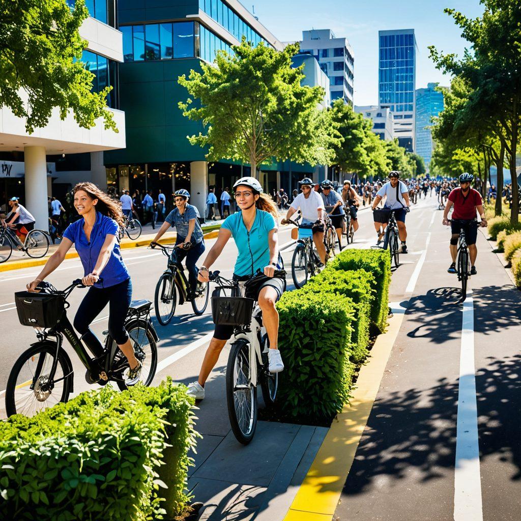 A vibrant urban scene depicting diverse cyclists on eco-friendly electric bikes, with lush greenery and solar panels in the background. Include futuristic smart commuting elements, like digital maps and bike-sharing stations. The atmosphere should convey a sense of community and sustainability. Incorporate bright, cheerful colors to reflect a positive lifestyle choice. super-realistic. vibrant colors. urban setting.